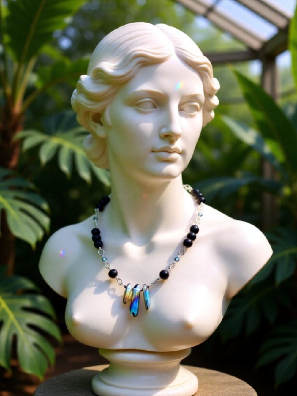 Handmade! Electroplated Quartz + Black Stone Beads - Adjust. Necklace app. 22" - Picture 3 of 12